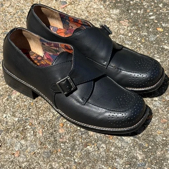 Korks Womens Black Theodore Loafers Floral Insole Square Shoes Ease Buckle 6.5M - Picture 1 of 9